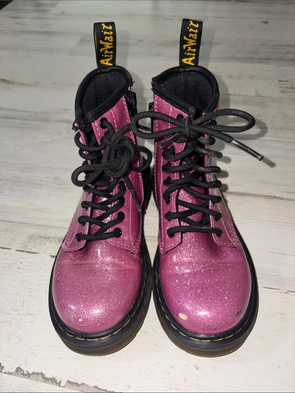 Dr. Martens Pink Glitter 8-Eye Lace-Up Boots with Black Soles - Picture 3 of 9